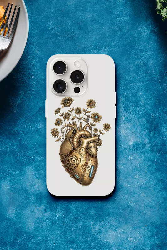 Transparente iPhone Schutzhülle mit Steampunk Herz Motiv, klare Flexi Case Oberfläche, schlank, modern, passgenau für verschiedene Modelle.