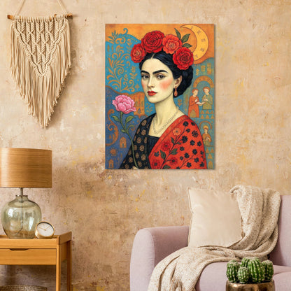 Florales Frauenporträt Poster mit roten Rosen, Boho Folk Art Illustration und Mondmotiv