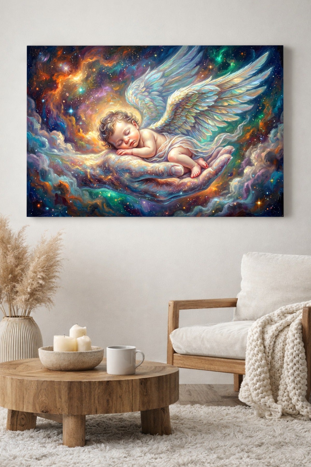 Himmlisches digitales Poster mit Engelsbaby, ausgebreiteten Flügeln und schützender Hand, eingebettet in kosmisches Licht in Türkis, Gold und Violett.