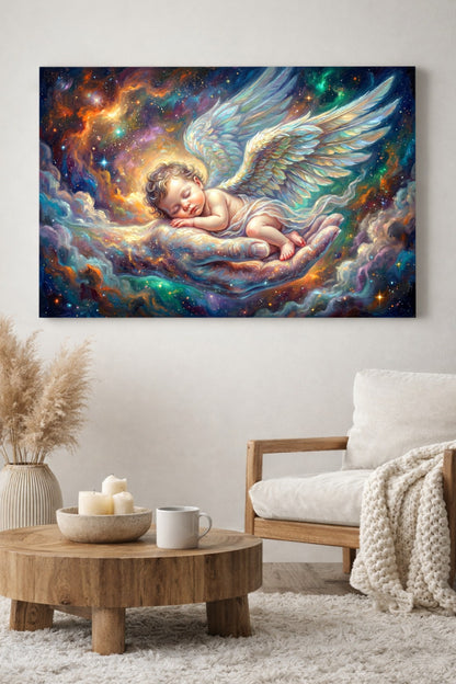 Himmlisches digitales Poster mit Engelsbaby, ausgebreiteten Flügeln und schützender Hand, eingebettet in kosmisches Licht in Türkis, Gold und Violett.