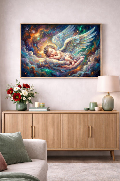 Liebevolles Baby Poster mit schlafendem Engelsbaby, weichen Flügeln und behütender Hand in leuchtender Himmelsoptik aus Türkis, Gold und Violett.