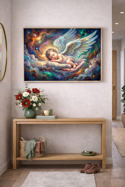 Digitales Wandbild fürs Babyzimmer mit Engelsbaby, großen Flügeln und schützender Hand vor einem leuchtenden Sternenkosmos in Türkis, Gold und Violett.