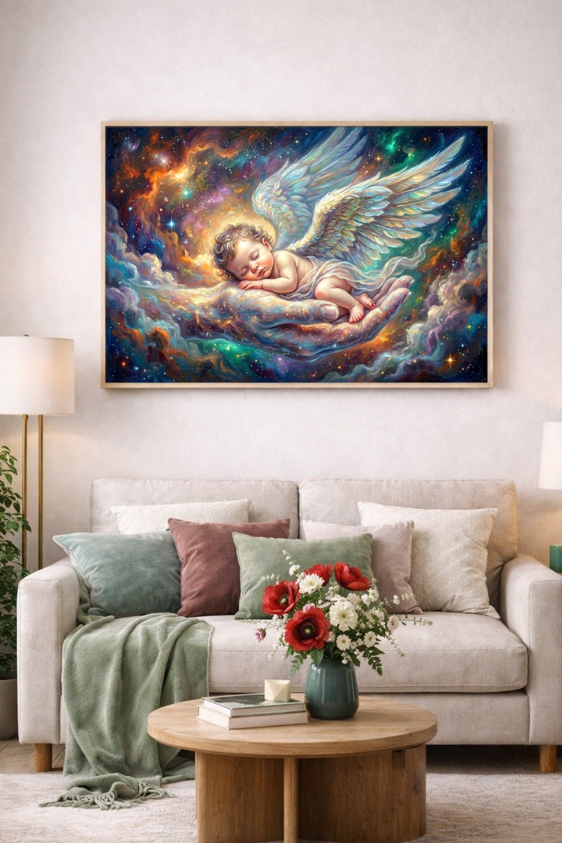 Tröstliches Poster mit Engelbaby in einer hellen Licht-Hand, umgeben von einem farbigen Sternenhimmel in Creme, Gold, Blau und Rosé.