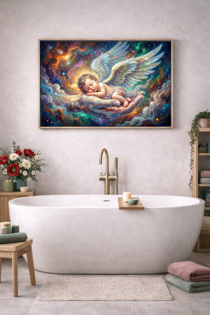 Spirituelles digitales Wandbild mit Engelsbaby, schützender Hand und großen Flügeln in einer kosmischen Szene mit Türkis, Gold und violettem Licht.