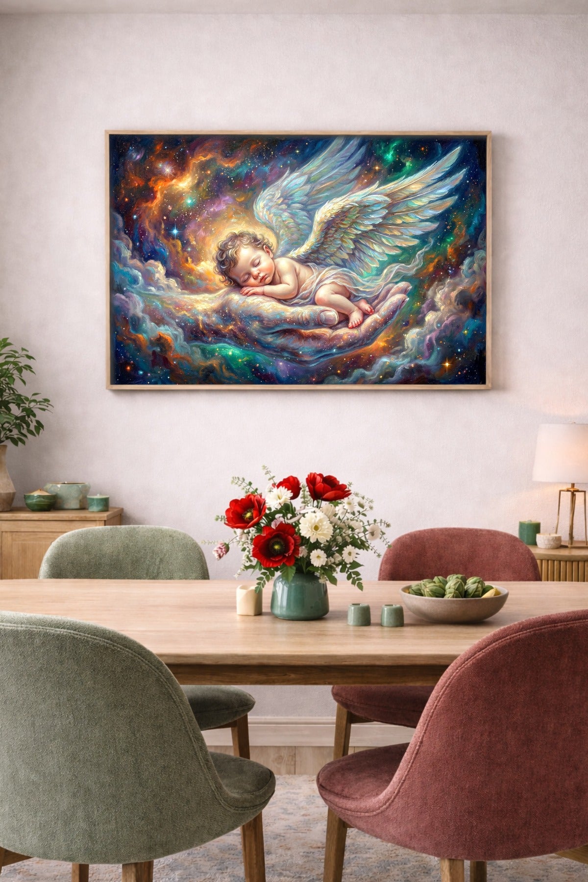 Zartes Engelsbaby Poster mit schlafendem Baby, großen Flügeln und schützender Hand in einer himmlischen Komposition aus Türkis, Gold und Violett.