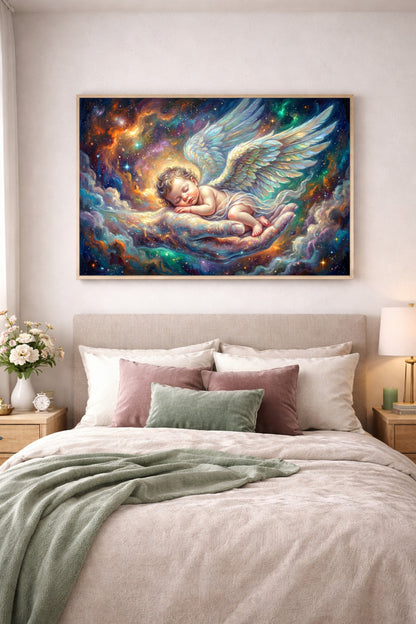 Gedrucktes Poster mit Engelbaby in Schlafpose, geborgen in einer leuchtenden Hand vor einem sanften Sternenhimmel in Blau, Gold, Rosé und Creme.
