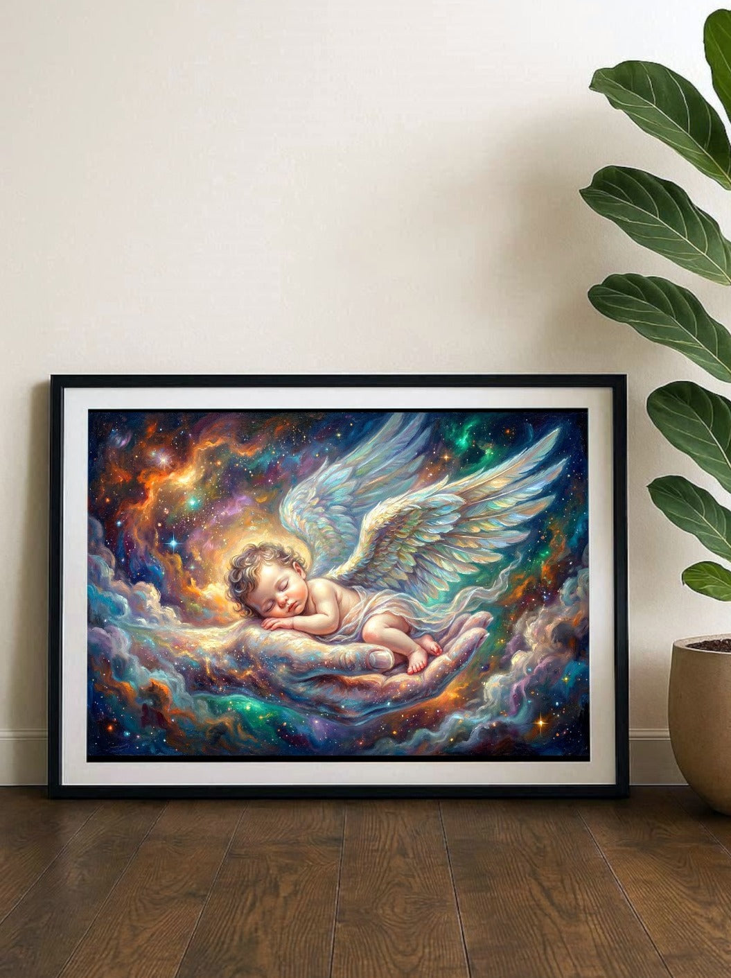 Digitales baby poster mit schlafendem Engelsbaby, großen Flügeln und schützender Hand in leuchtendem Kosmos aus Türkis, Gold und Violett.