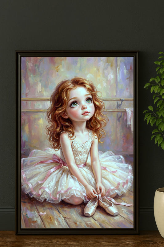 Ballerina Poster für Kinderzimmer: Mädchen im Tutu hält Ballettschuhe in den Händen, zarte Vintage-Pastellfarben.