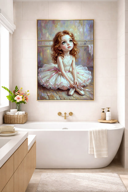 Sanftes Poster fürs Kinderzimmer mit Mädchen im Tutu, gehaltenen Ballettschuhen und ruhiger Vintage-Farbwelt in Pastell.