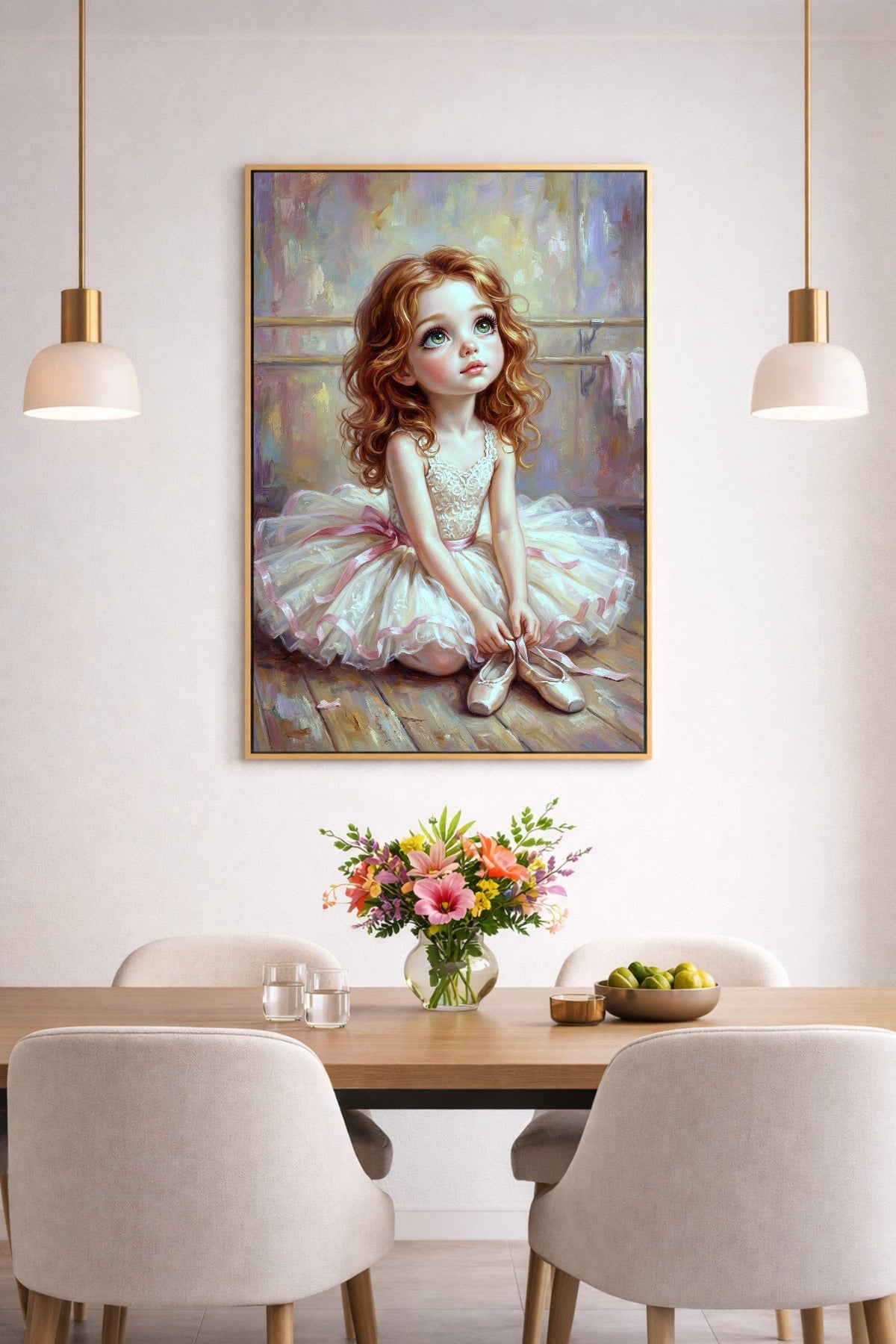 Zartes Ballerina Wandbild für Kinderzimmer mit Mädchen im Tutu, das seine Ballettschuhe hält, in weicher Pastelloptik.