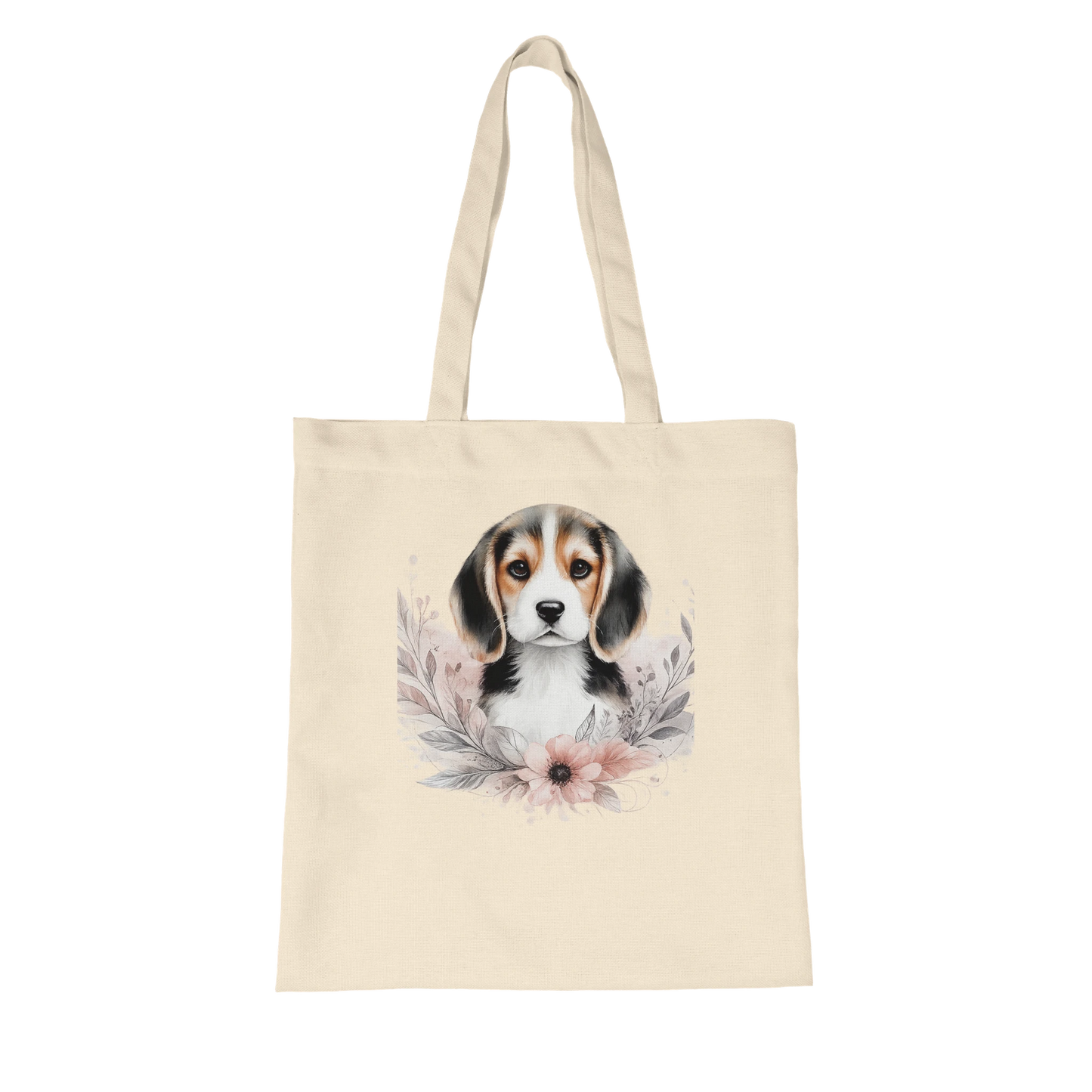 Naturfarbene Stofftasche aus Bio Baumwolle mit liebevoll illustriertem Hundemotiv, getragen als leichte Einkaufstasche für Alltag und Freizeit