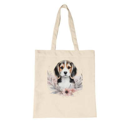Naturfarbene Stofftasche aus Bio Baumwolle mit liebevoll illustriertem Hundemotiv, getragen als leichte Einkaufstasche für Alltag und Freizeit