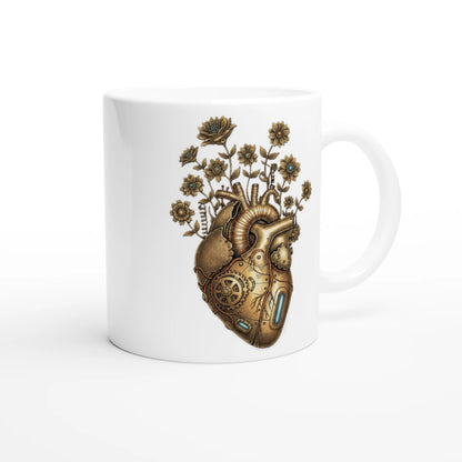 Keramiktasse mit steampunk Herz aus Zahnrädern und Blumen, braun-goldenes Kunstmotiv im Vintage Stil, ideal als Geschenk für Designfans