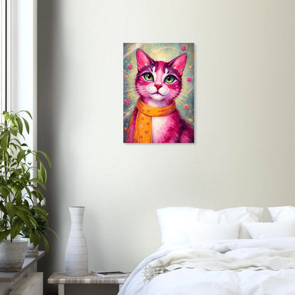 Farbenfrohes Katzenposter mit pinker Katze, grünen Augen und orangefarbenem Schal, modernes Pop Art Tierportrait mit floralen Details als dekoratives Wandbild.