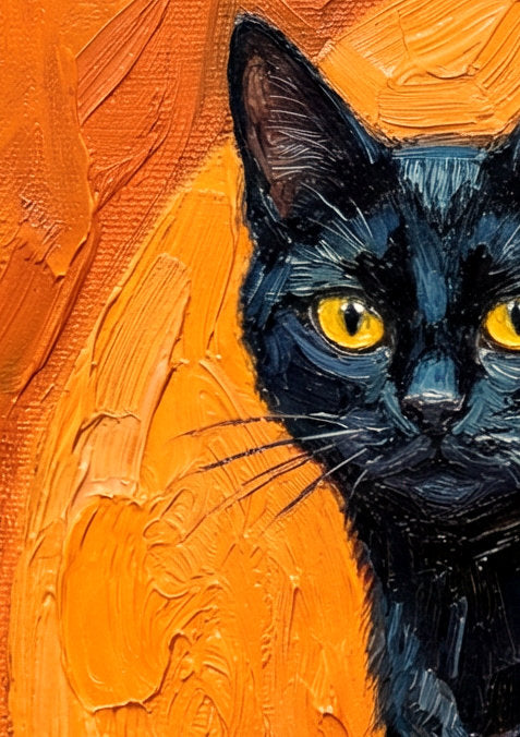 Modernes digitales Katzenposter im Querformat mit schwarzer Katze, gelben Augen und orangefarbenem Hintergrund in sichtbarer Malstruktur.