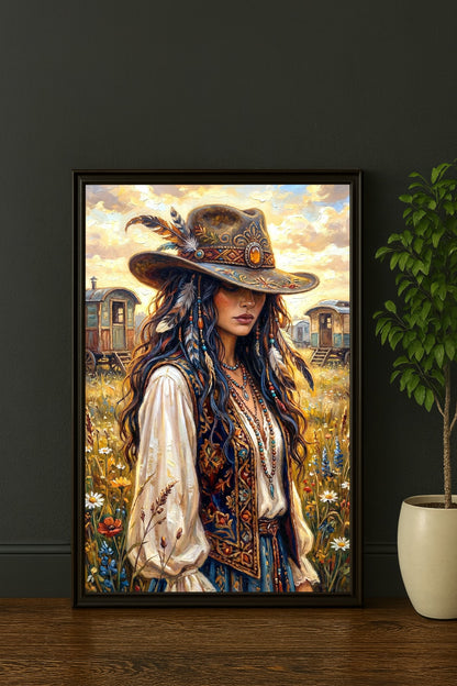 Digitales Poster mit Boho-Cowgirl auf einer Wildblumenwiese, Westernhut mit Federn, bestickter Weste und warmem Abendlicht.