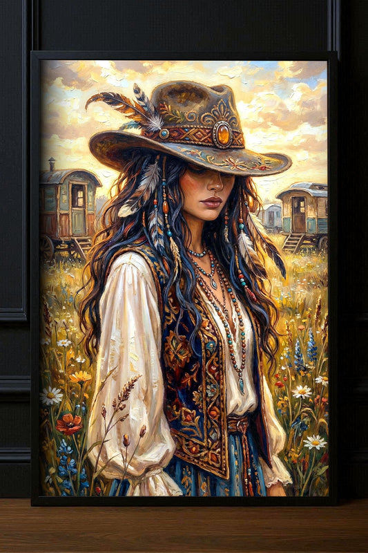 Gedrucktes Poster mit Boho Cowgirl, verziertem Westernhut, Federn und warmer Prärie-Szene im großen Rahmen