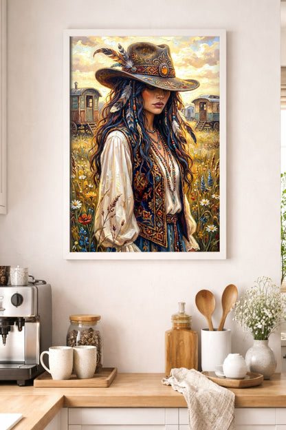 Digitales Wandbild einer Boho-Cowgirl-Frau mit dekoriertem Hut, Sommerwiese und warmem Licht im malerischen Stil. In der Küche als Wandbild