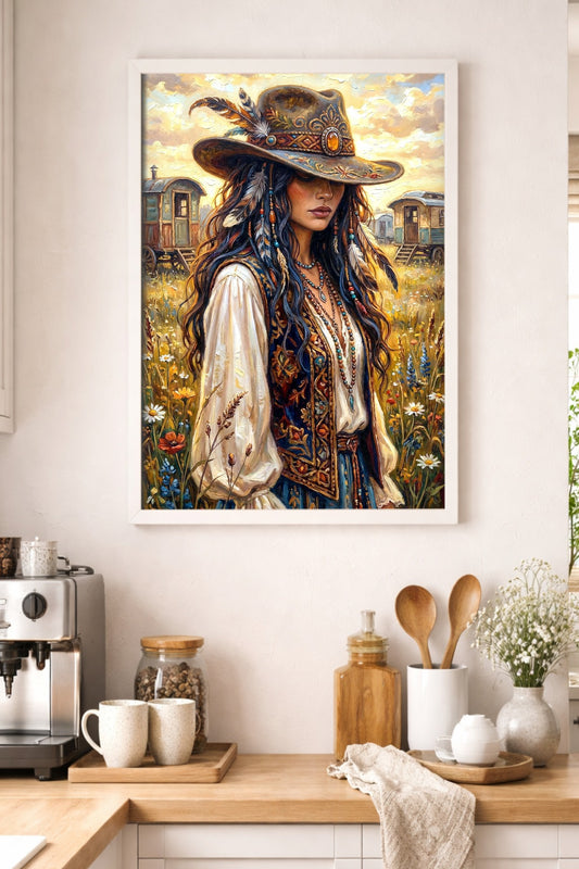 Boho Cowgirl Poster mit Westernhut, langen Haaren und Blumenwiese als Wandbild in einer hellen Küche
