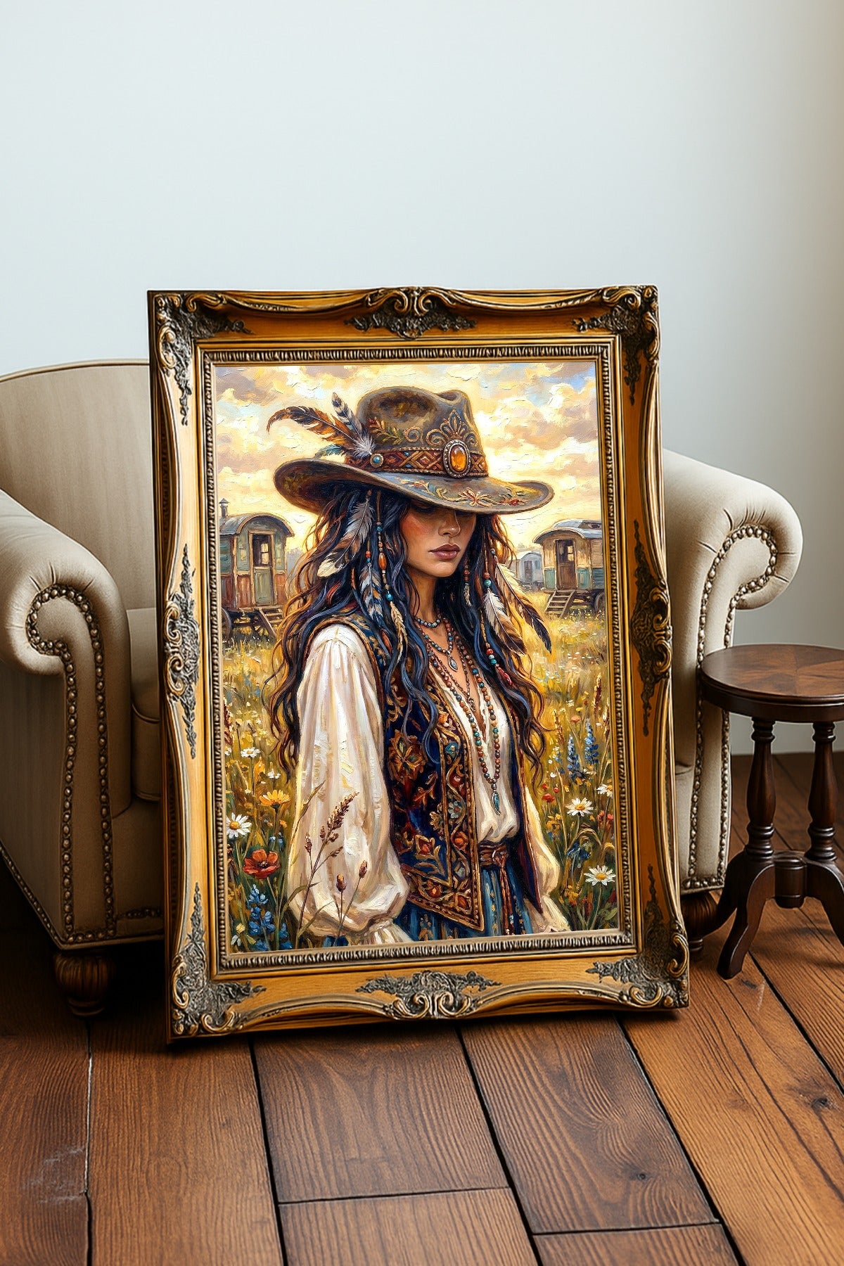 Boho-Cowgirl als digitales Poster mit Wildblumen, verziertem Westernhut, bestickter Kleidung und sanfter Abendsonne. Im Bilderrahmen