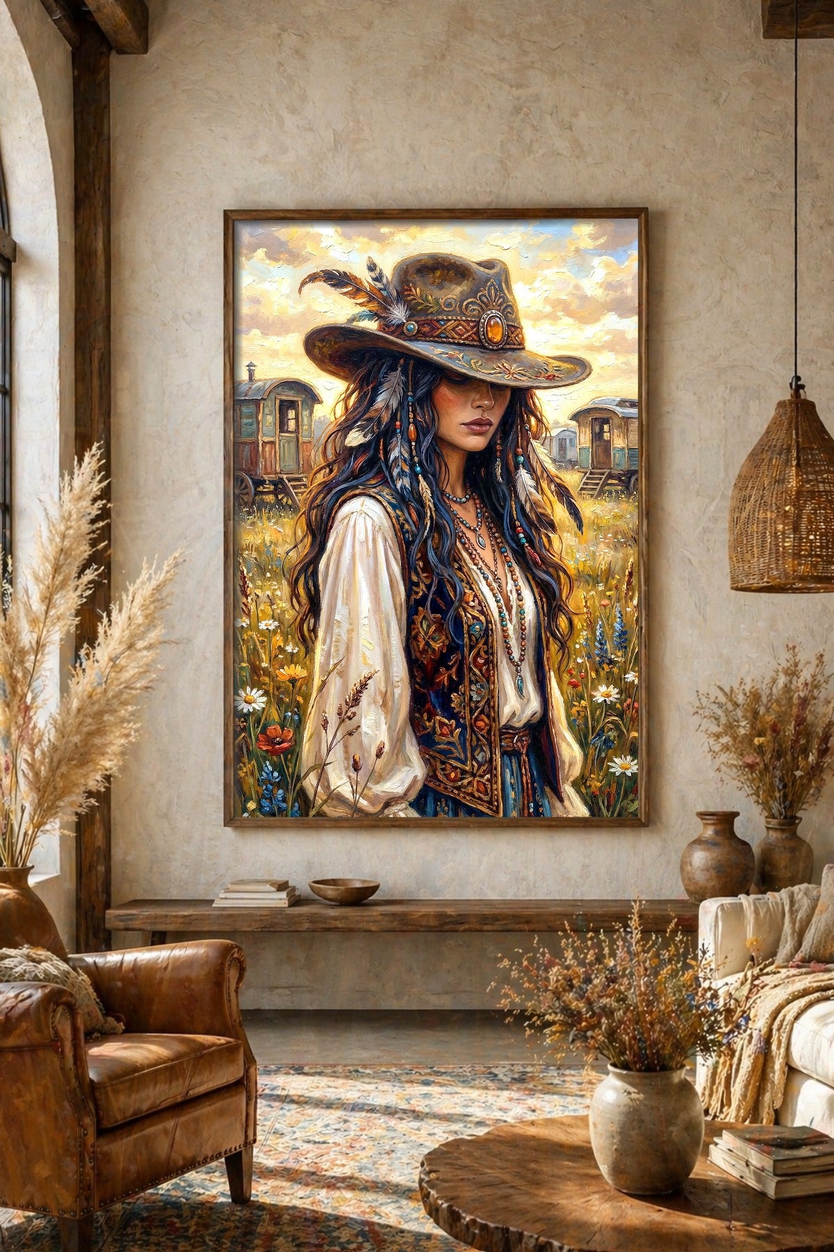 Poster im Boho-Western-Stil mit Cowgirl auf Wildblumenwiese, Federhut und bestickter Weste in warmer Abendoptik. Im Studio als gerahmtes Bild