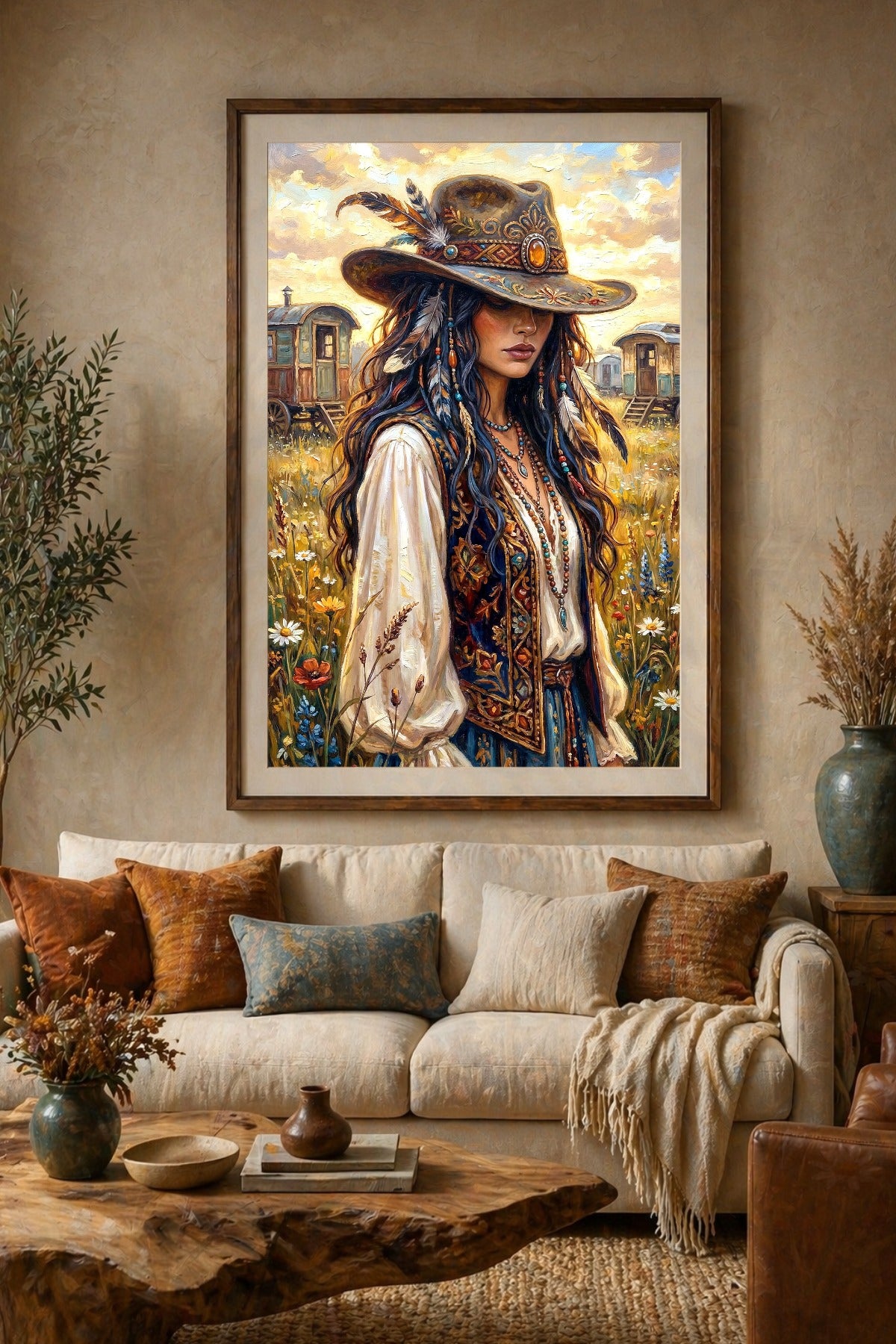 Digitales Poster einer Boho-Cowgirl-Figur mit Westernhut, Federn, floraler Wiese und sanftem Abendlicht. Im Wohnzimmer als Bild