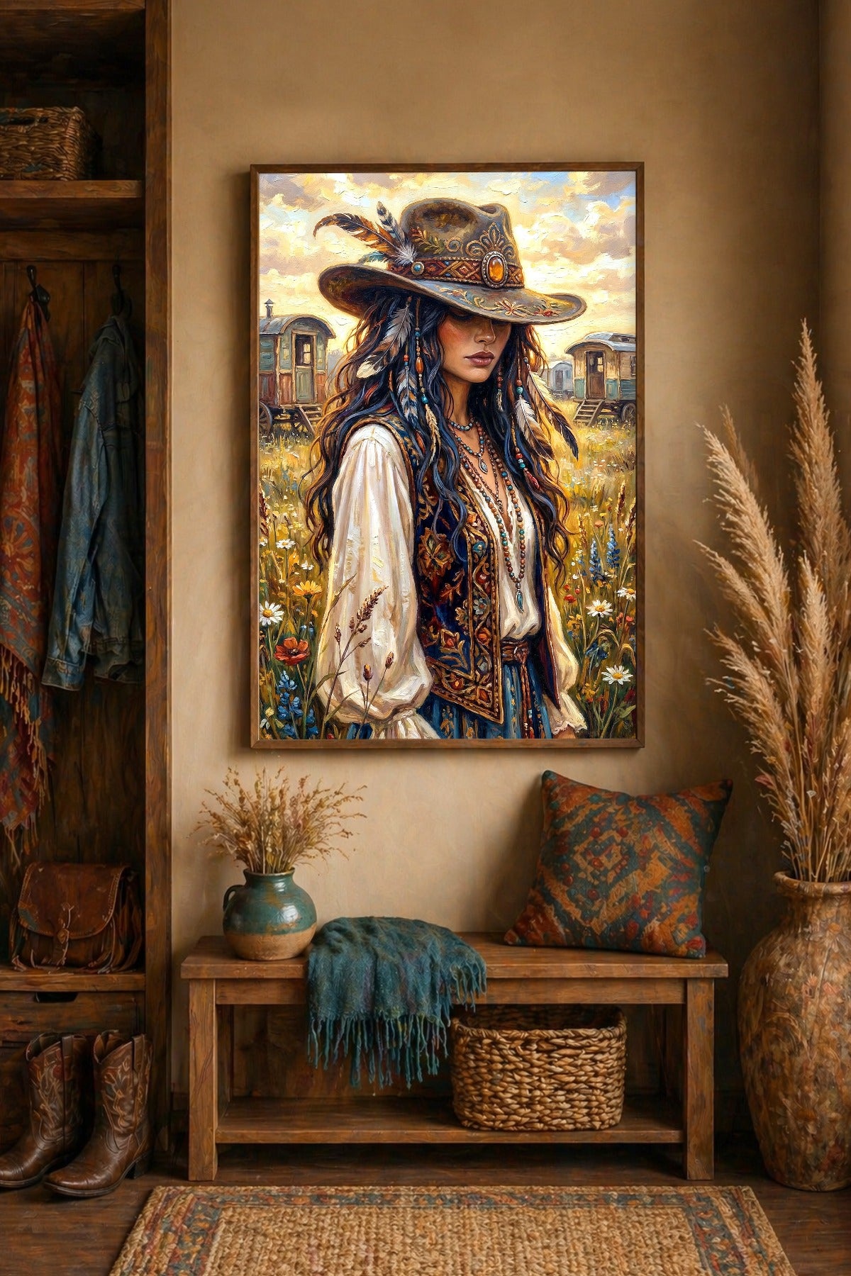 Boho-Cowgirl Motiv als digitales Wandbild mit bestickter Weste, verziertem Hut und blühender Wiese in warmer Lichtstimmung. Im Flur als Bild