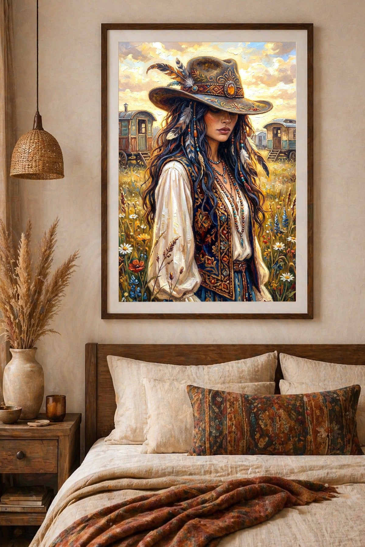 Digitales Kunstposter mit Boho-Cowgirl auf einer Sommerwiese, geschmücktem Westernhut und goldenem Abendhimmel. Im Schlafzimmer als Wandbild