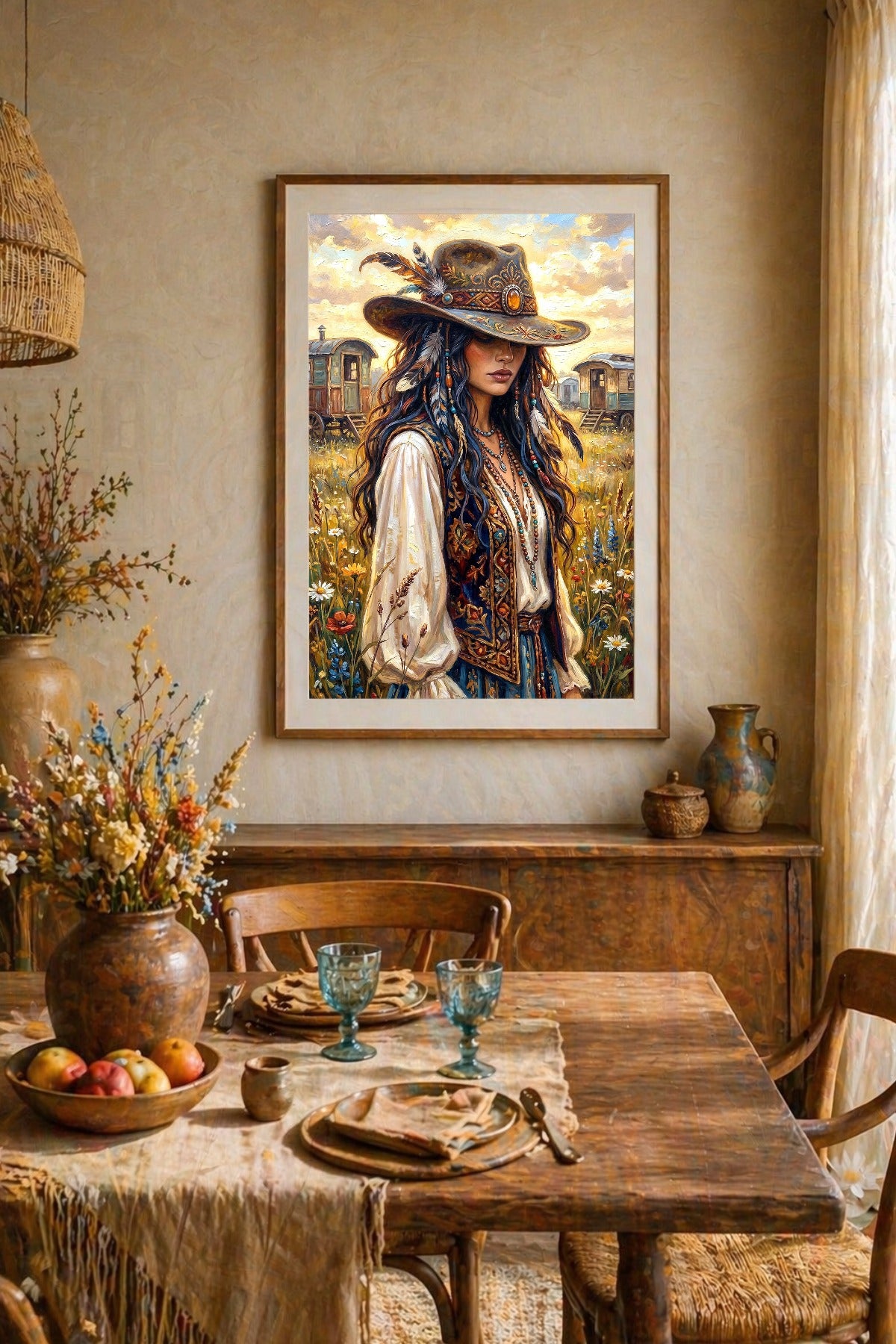 Digitales Boho-Poster mit Cowgirl, verziertem Westernhut, floraler Wiesenlandschaft und weichem Abendlicht. Im Esszimmer als Wandbild