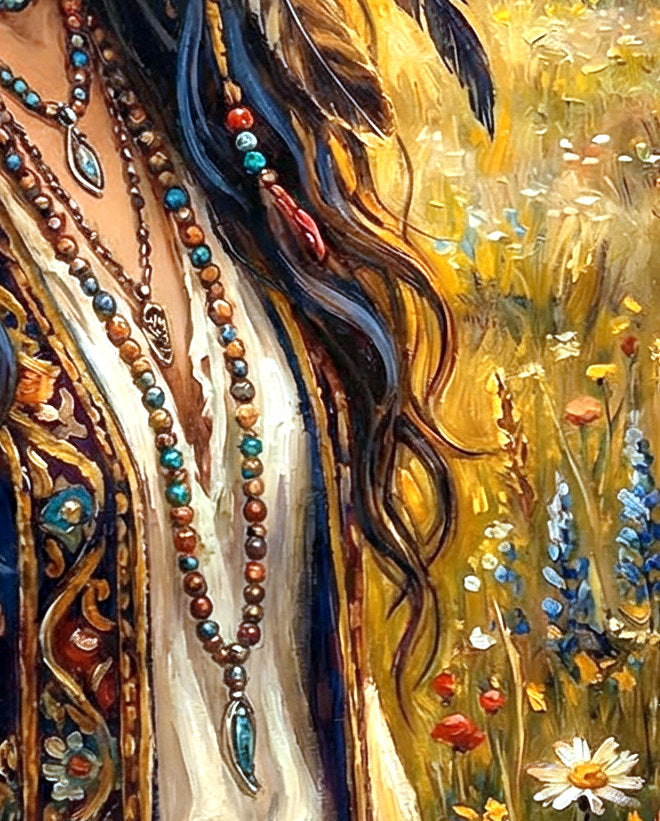Boho-Cowgirl Wandbild als digitales Poster mit Federhut, bestickter Weste und sommerlicher Wildblumenwiese im warmen Licht. Detailsansicht