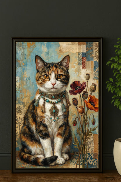 Digitales Kunstdruck-Motiv einer dreifarbigen Glückskatze mit türkisem Boho-Schmuck und roten Mohnblumen vor Vintage-Collage-Hintergrund.