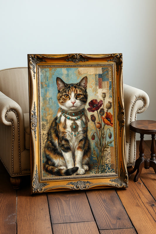Boho Katzen Wandbild als Kunstdruck mit dreifarbiger Katze, Schmuckdetail, Mohnblumen und Vintage-Collage in warmen Blau- und Beigetönen.