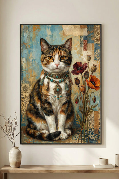 Digitales Kunstdruck-Motiv einer dreifarbigen Glückskatze mit türkisem Boho-Schmuck und roten Mohnblumen vor Vintage-Collage-Hintergrund.