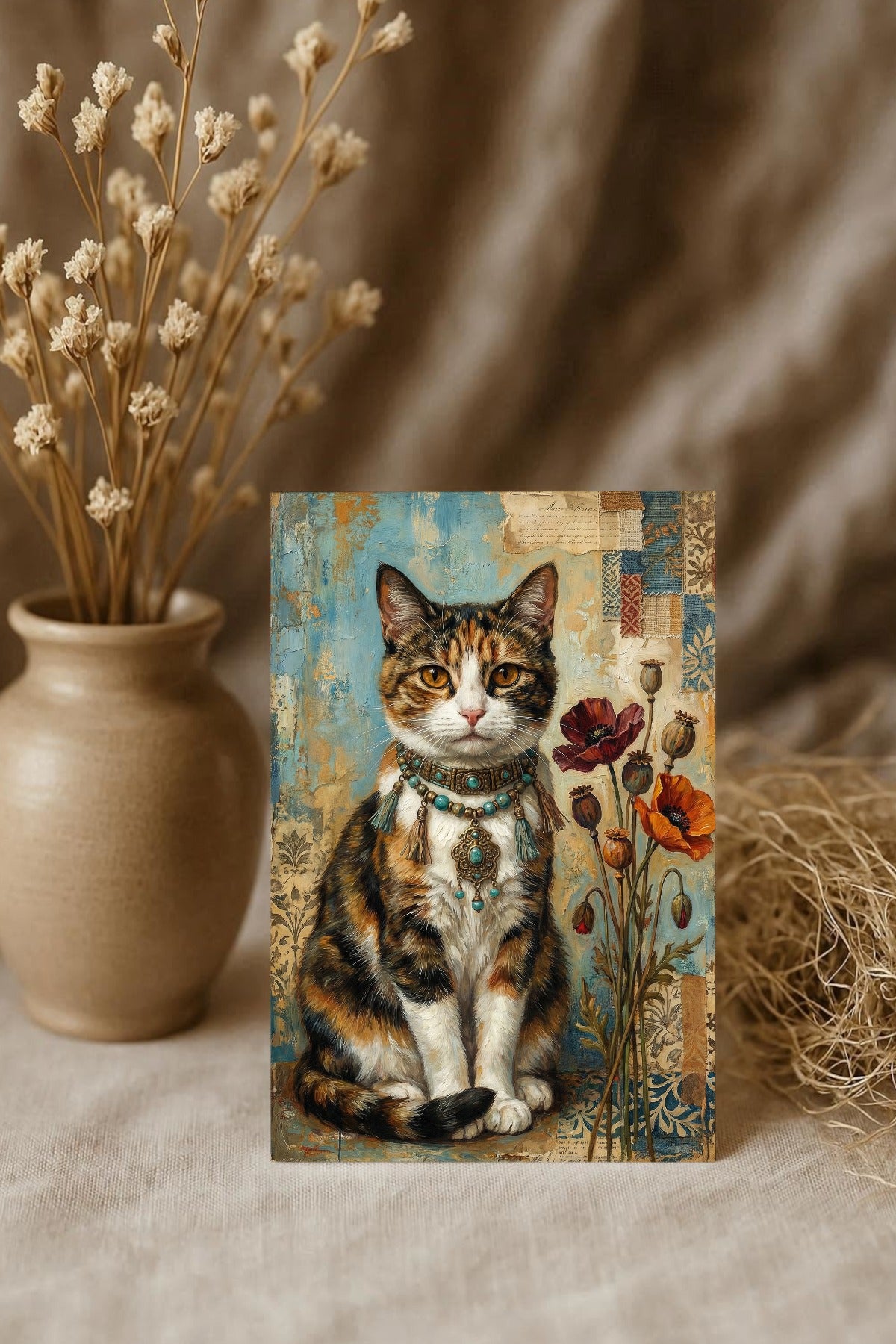 Digitales Kunstdruck-Motiv einer dreifarbigen Glückskatze mit türkisem Boho-Schmuck und roten Mohnblumen vor Vintage-Collage-Hintergrund.