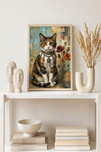 Digitales Kunstdruck-Motiv einer dreifarbigen Glückskatze mit türkisem Boho-Schmuck und roten Mohnblumen vor Vintage-Collage-Hintergrund.