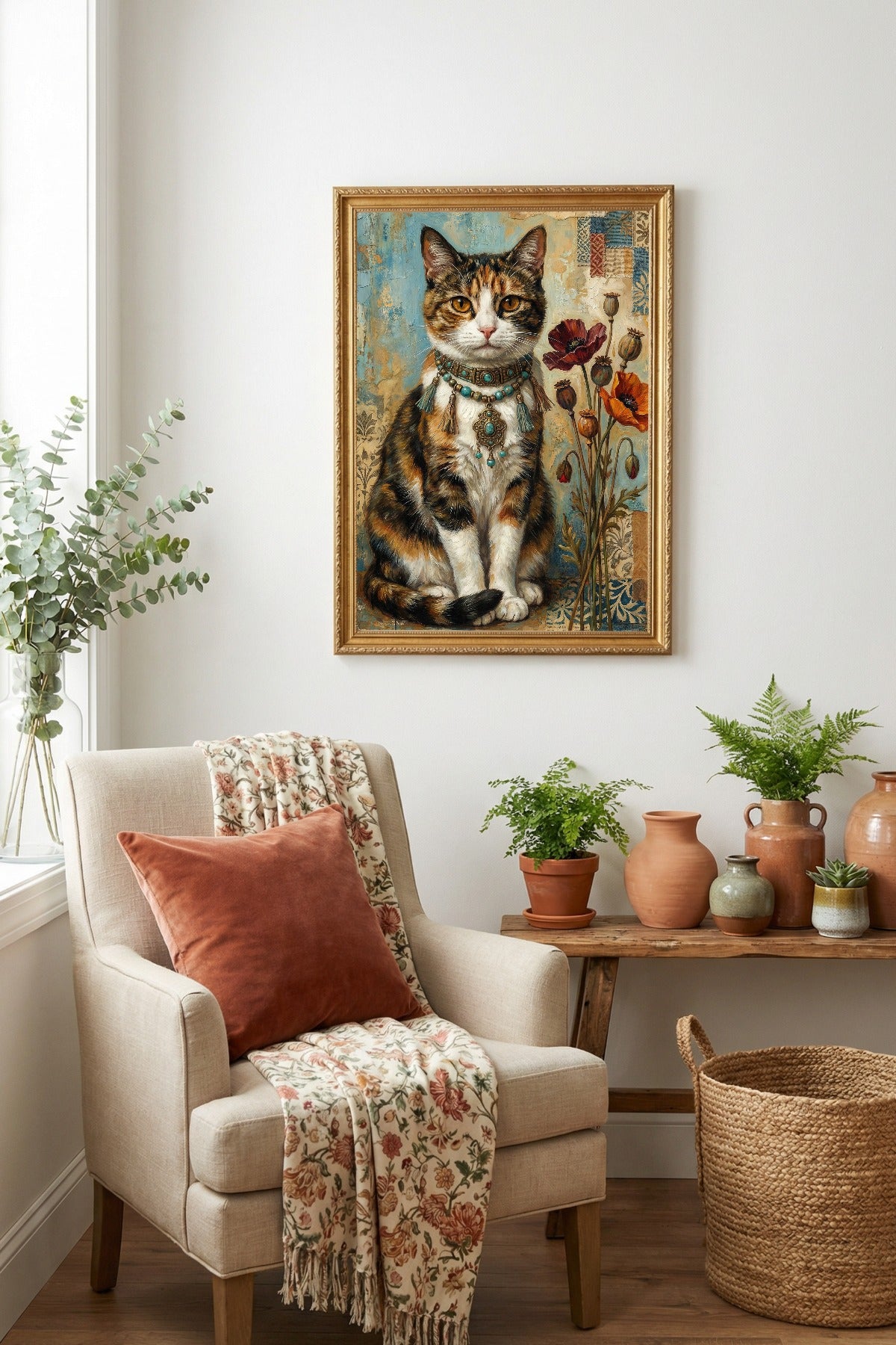 Digitales Kunstdruck-Motiv einer dreifarbigen Glückskatze mit türkisem Boho-Schmuck und roten Mohnblumen vor Vintage-Collage-Hintergrund.