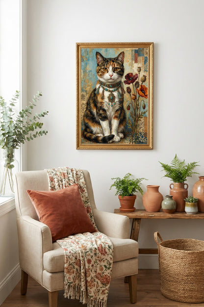 Digitales Kunstdruck-Motiv einer dreifarbigen Glückskatze mit türkisem Boho-Schmuck und roten Mohnblumen vor Vintage-Collage-Hintergrund.