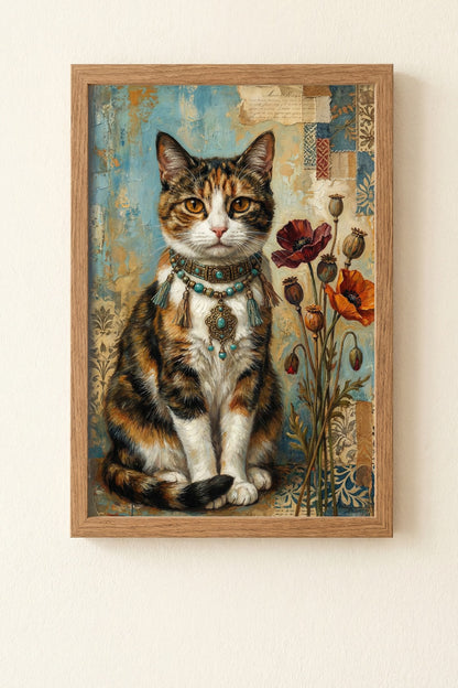 Digitales Kunstdruck-Motiv einer dreifarbigen Glückskatze mit türkisem Boho-Schmuck und roten Mohnblumen vor Vintage-Collage-Hintergrund.