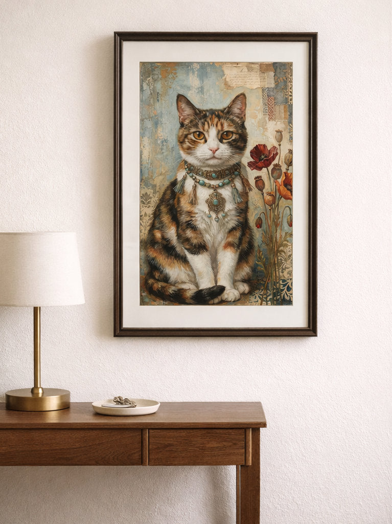 Digitales Kunstdruck-Motiv einer dreifarbigen Glückskatze mit türkisem Boho-Schmuck und roten Mohnblumen vor Vintage-Collage-Hintergrund.