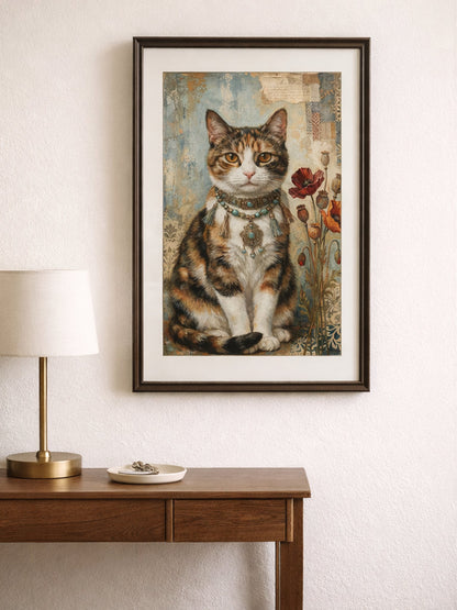Digitales Kunstdruck-Motiv einer dreifarbigen Glückskatze mit türkisem Boho-Schmuck und roten Mohnblumen vor Vintage-Collage-Hintergrund.