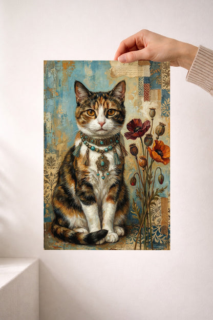 Digitales Kunstdruck-Motiv einer dreifarbigen Glückskatze mit türkisem Boho-Schmuck und roten Mohnblumen vor Vintage-Collage-Hintergrund.