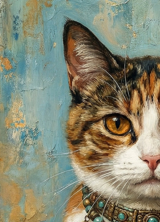 Boho Katzen Wandbild als Kunstdruck mit dreifarbiger Katze, Schmuckdetail, Mohnblumen und Vintage-Collage in warmen Blau- und Beigetönen.