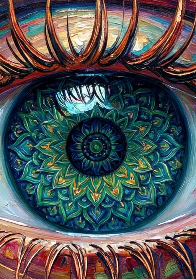 Detailsansicht. Großes Auge als Querformat-Wandkunst mit mandalaartiger Iris in Türkis, Petrol und Grün, umgeben von goldenen Linien, floralen Ornamenten und abstrakten Farbspuren.