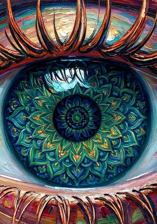 Detailsansicht. Großes Auge als Querformat-Wandkunst mit mandalaartiger Iris in Türkis, Petrol und Grün, umgeben von goldenen Linien, floralen Ornamenten und abstrakten Farbspuren.