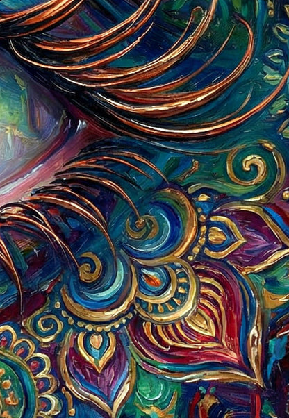 Detailsansicht. Boho-inspiriertes Augenmotiv im Querformat mit detailreicher Iris in Türkis und Petrol, kupferfarbenen Wimpern sowie ornamentalen und floralen Elementen.