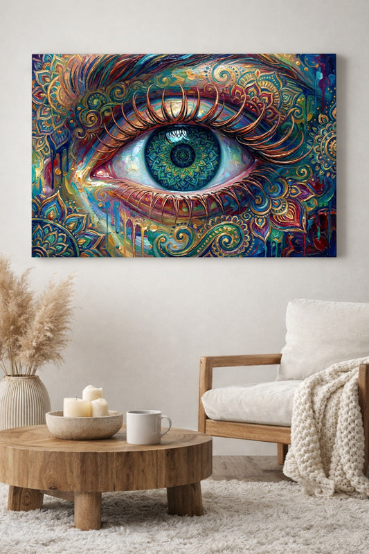 Farbiges Boho Mandala Auge als Wandbild über hellem Sessel, mit Türkis, Gold, Violett und detailreicher Ornamentstruktur