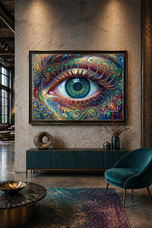 Gerahmtes Mandala Auge Poster über petrolfarbenem Sideboard in modernem Wohnraum mit dunkler Wand und Goldakzenten