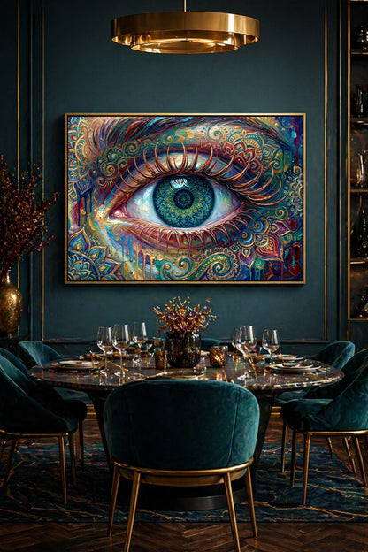 Abstrakte Wandkunst mit zentralem Auge, mandalaförmiger Iris in Grün, Türkis und Petrol, eingerahmt von goldenen Akzenten und farbigen Pinselspuren.