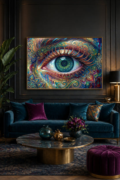 Spirituelles Querformat-Poster mit großem Auge, langen kupferfarbenen Wimpern, ornamentalen Mustern und leuchtenden Farben in Türkis, Violett, Blau und Kupfer.