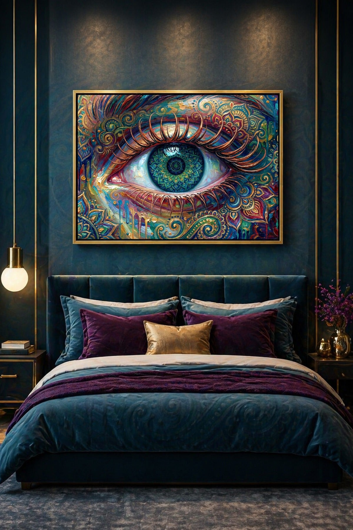 Digitales Kunstmotiv im Boho-Stil mit einem großen Auge im Zentrum, verzierter Iris, floralen Ornamenten und abstrakter Malerei in Petrol, Türkis und Gold.